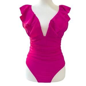J. Crew swimsuit one-piece deep V-neck ruffles hot pink ruched sides new w tags